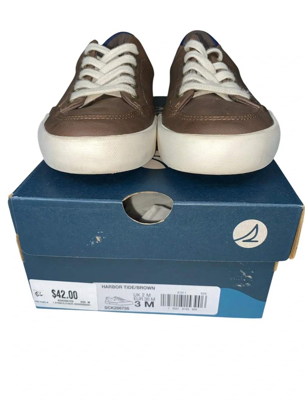 Sperry Boys Harbor Tide Sneaker Chocolate Brown Faux Leather White Laces Size 3